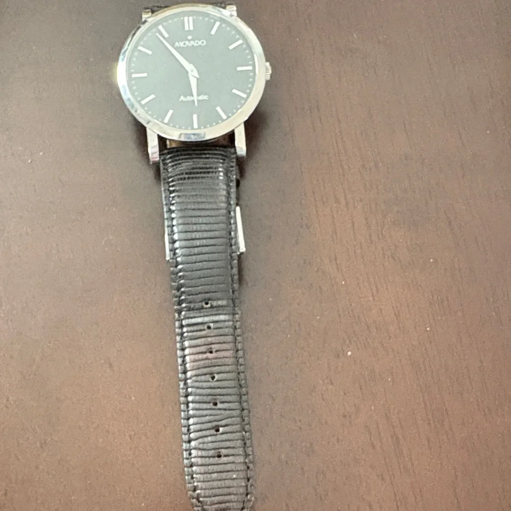 Movado Silver and Black Leather Watch - Picture 4 of 5